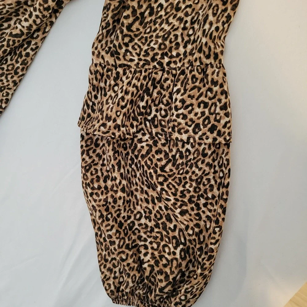 Leopard Animal Print Dress Womens Large Brown Ruffle Tiered‎ Sleeve 90s Mob Wife